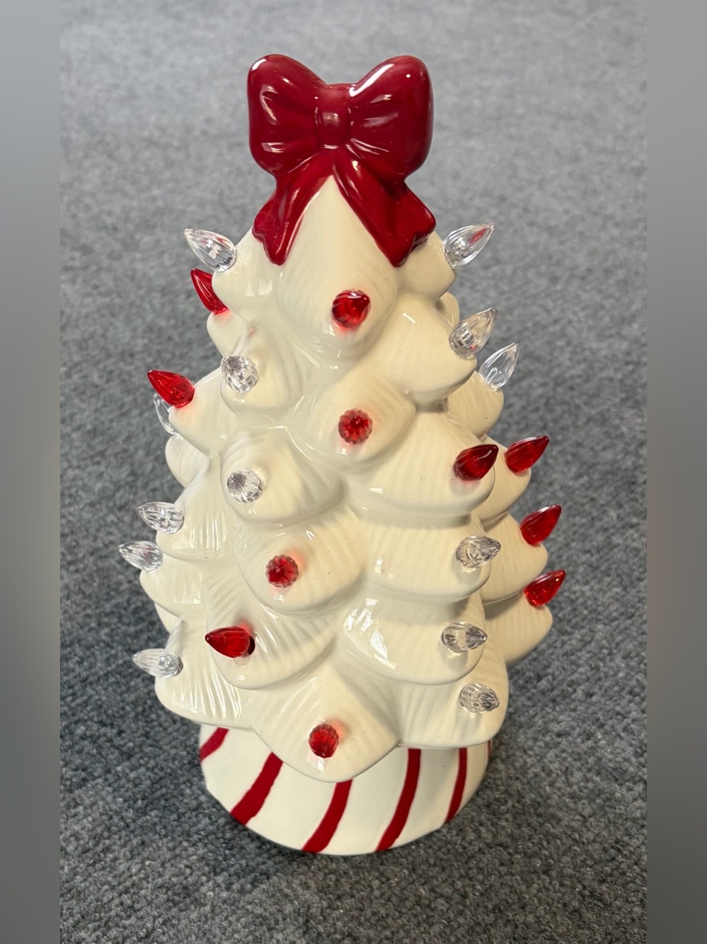 Vintage Style Ceramic Christmas Tree Light Up Red White Peppermint Base Bow 12”